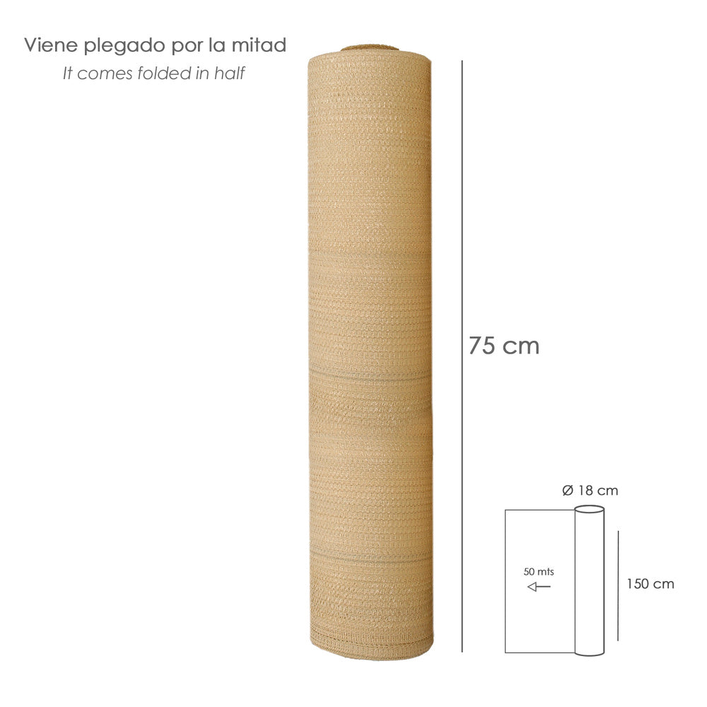 Malla Sombreo Rollo 1.5 x 50 metros, Reduce Radiación, Protección Jardín y Terraza, Regula Temperatura, Color Beige