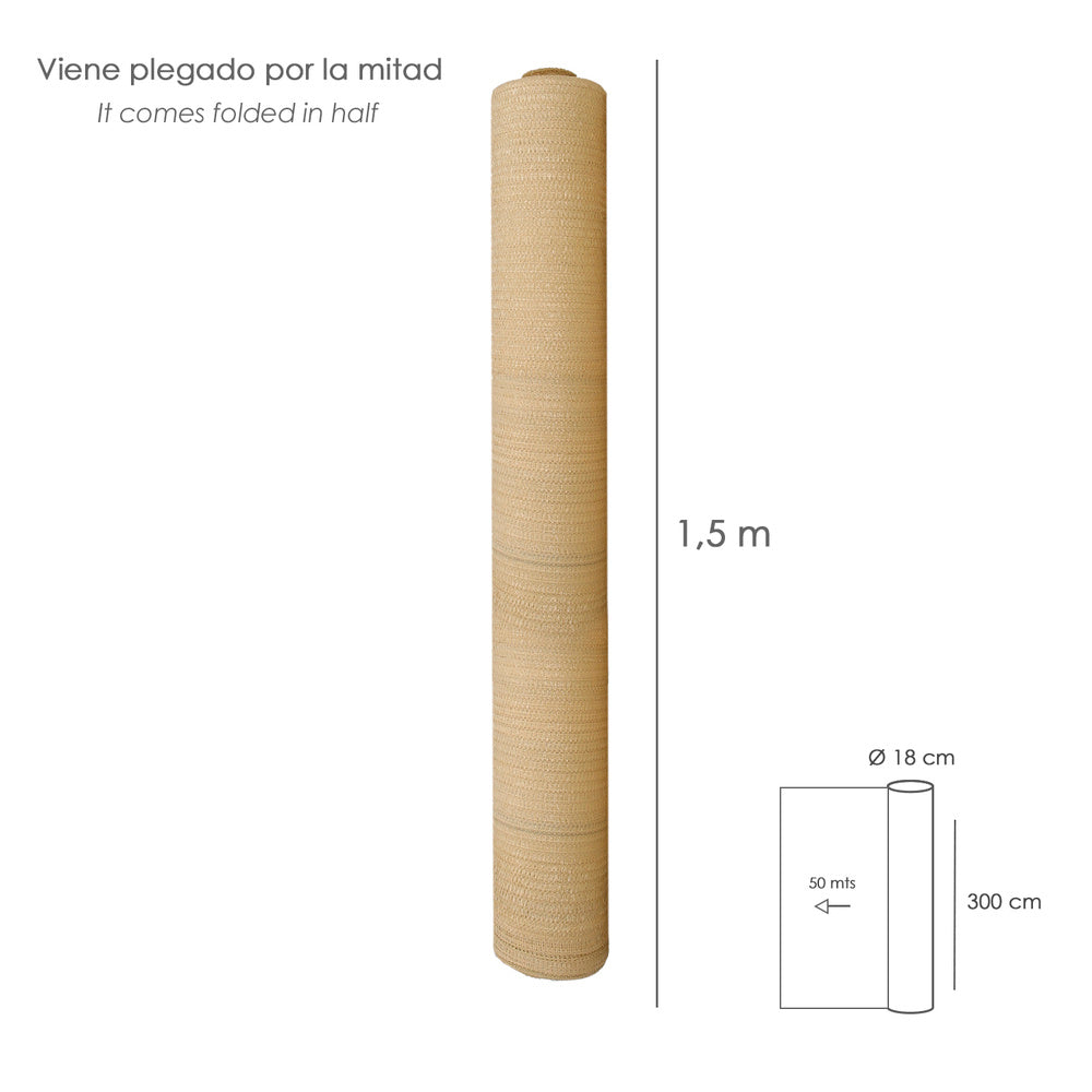 Malla Sombreo Rollo 3.0 x 50 metros, Reduce Radiación, Protección Jardín y Terraza, Regula Temperatura, Color Beige