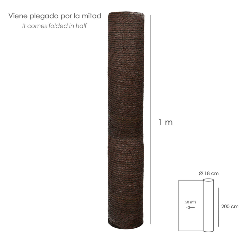 Malla Sombreo Rollo 2 x 50 metros, Reduce Radiación, Protección Jardín y Terraza, Regula Temperatura, Color Marrón