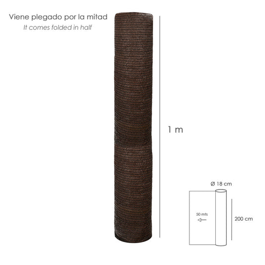 Malla Sombreo Rollo 2 x 50 metros, Reduce Radiación, Protección Jardín y Terraza, Regula Temperatura, Color Marrón