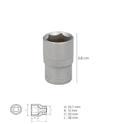 Llave Vaso 1/2" Hexagonal 18 mm. Perfil de 6 caras. Acero Cromo Vanadio, Aristas Redondas