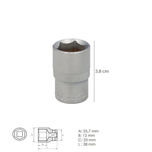 Llave Vaso 1/2" Hexagonal 18 mm. Perfil de 6 caras. Acero Cromo Vanadio, Aristas Redondas