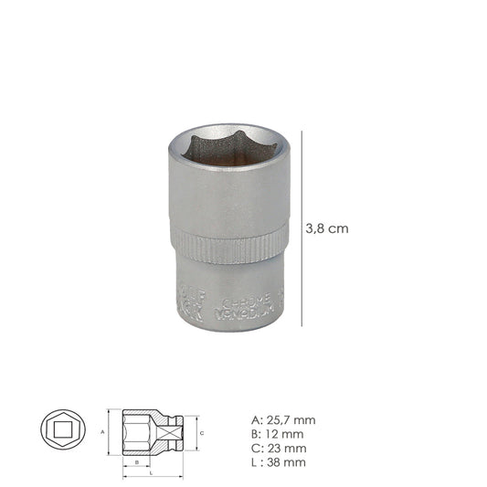 Llave Vaso 1/2" Hexagonal 19 mm. Perfil de 6 caras. Acero Cromo Vanadio, Aristas Redondas