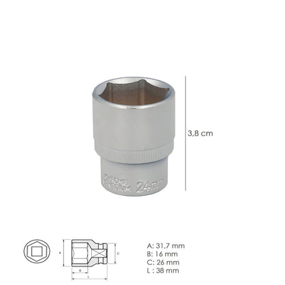 Llave Vaso 1/2" Hexagonal 24 mm. Perfil de 6 caras. Acero Cromo Vanadio, Aristas Redondas