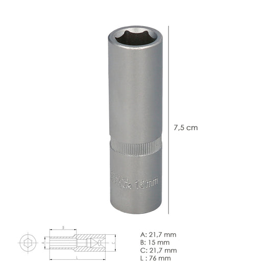 Llave Vaso 1/2" Hexagonal Larga 15 mm. Perfil de 6 caras. Acero Cromo Vanadio, Aristas Redondas