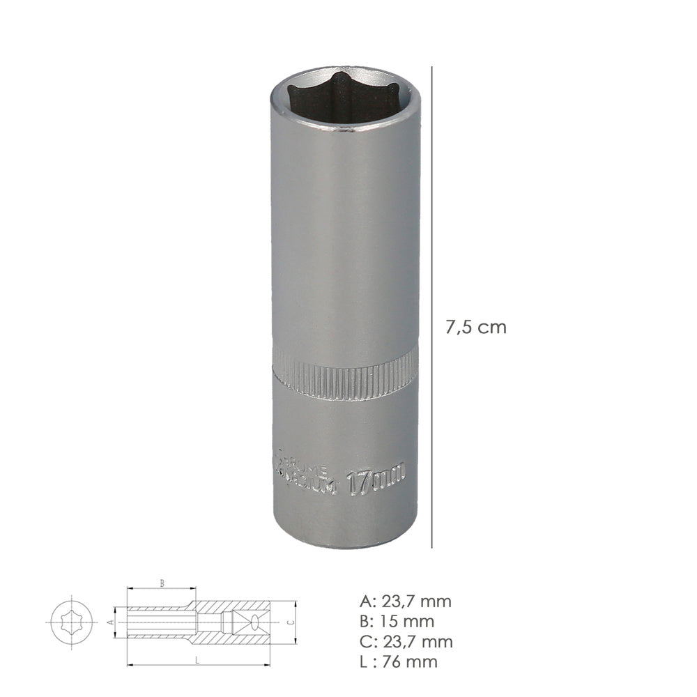 Llave Vaso 1/2" Hexagonal Larga 17 mm. Perfil de 6 caras. Acero Cromo Vanadio, Aristas Redondas