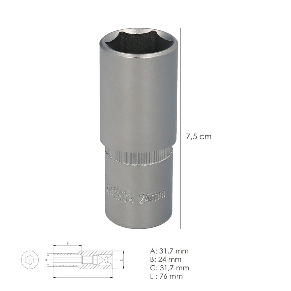 Llave Vaso 1/2" Hexagonal Larga 24 mm. Perfil de 6 caras. Acero Cromo Vanadio, Aristas Redondas