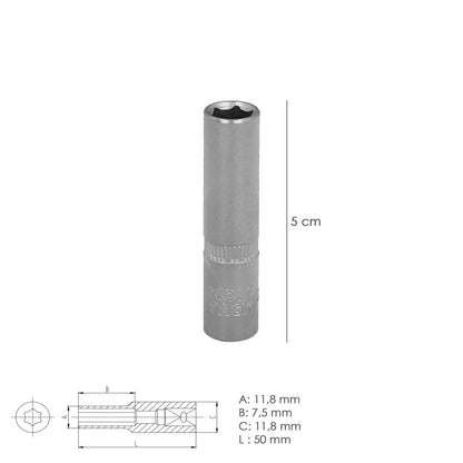 Llave Vaso 1/4" Hexagonal Larga 8 mm. Perfil de 6 caras. Acero Cromo Vanadio, Aristas Redondas