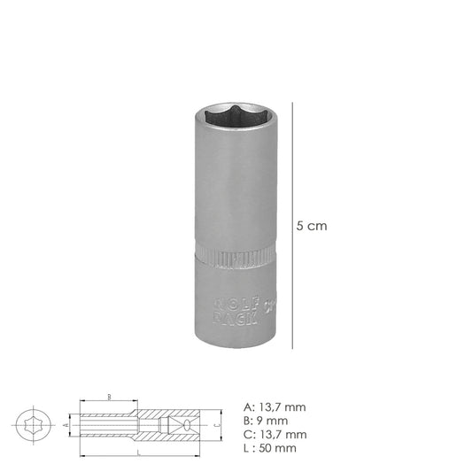 Llave Vaso 1/4" Hexagonal Larga 10 mm. Perfil de 6 caras. Acero Cromo Vanadio, Aristas Redondas