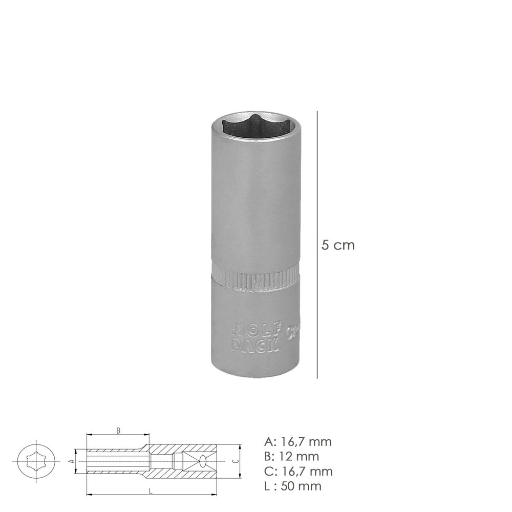 Llave Vaso 1/4" Hexagonal Larga 12 mm. Perfil de 6 caras. Acero Cromo Vanadio, Aristas Redondas