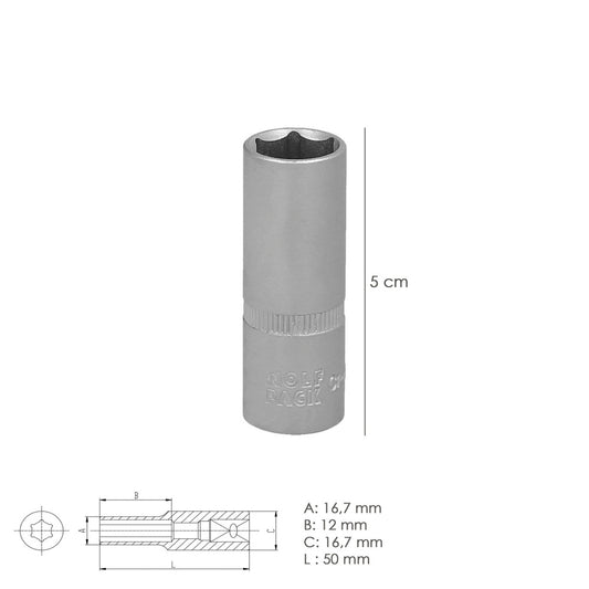 Llave Vaso 1/4" Hexagonal Larga 12 mm. Perfil de 6 caras. Acero Cromo Vanadio, Aristas Redondas