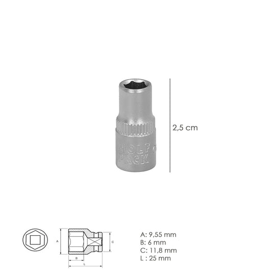 Llave Vaso 1/4" Hexagonal 6 mm. Perfil de 6 caras. Acero Cromo Vanadio, Aristas Redondas