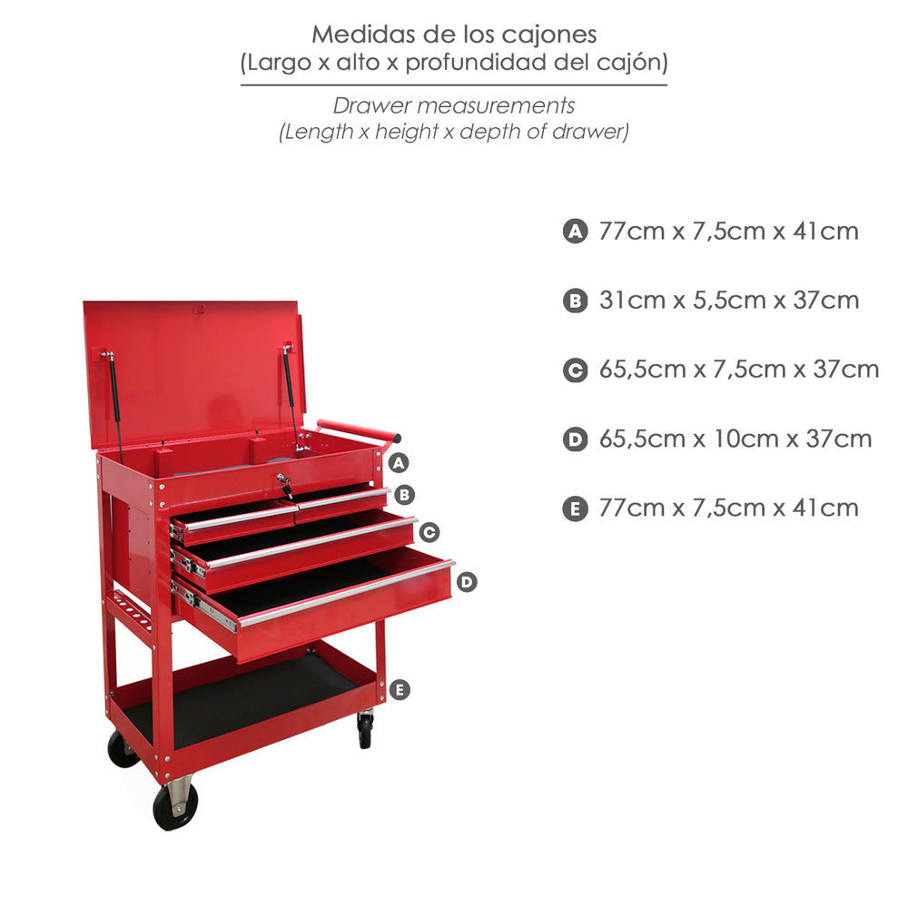 Carro Portaherramientas Metalico 86x44x99 cm. con 4 Cajones y 2 Bandejas
