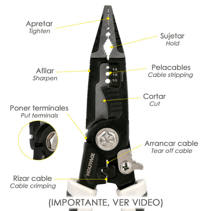 Alicates Multifuncion Especial Cables, Multiherramienta Electricista, Pelacables, Cortacables, Alicates Terminales, Alicates.
