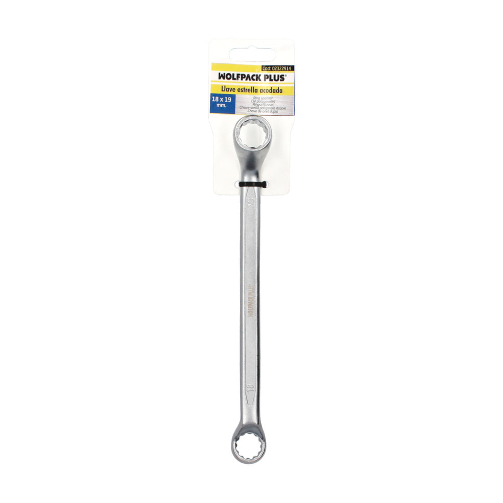 Llave Estrella Acodada Plus Acero Cromo Vanadio 18x19 DIN 838. Llave Doble Boca Acodada, Llave Fija Estrella Acodada