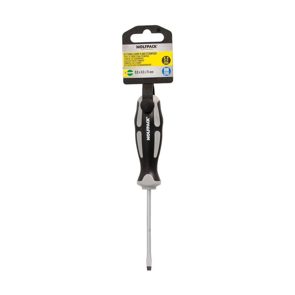 Destornillador Plano Estampado Acero S2 Mango TPR Bimaterial. Medida 0,8 x Ø 4,0 x 75 mm. DIN5265