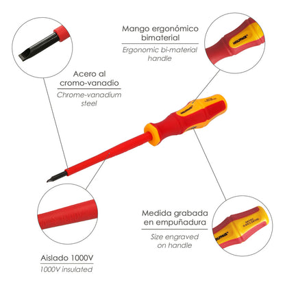 Destornillador Plano Aislado Certificado VDE 1.000 V. Medida 0,6x Ø 3,0 x 100 mm. Destornillador Seguridad Electricista