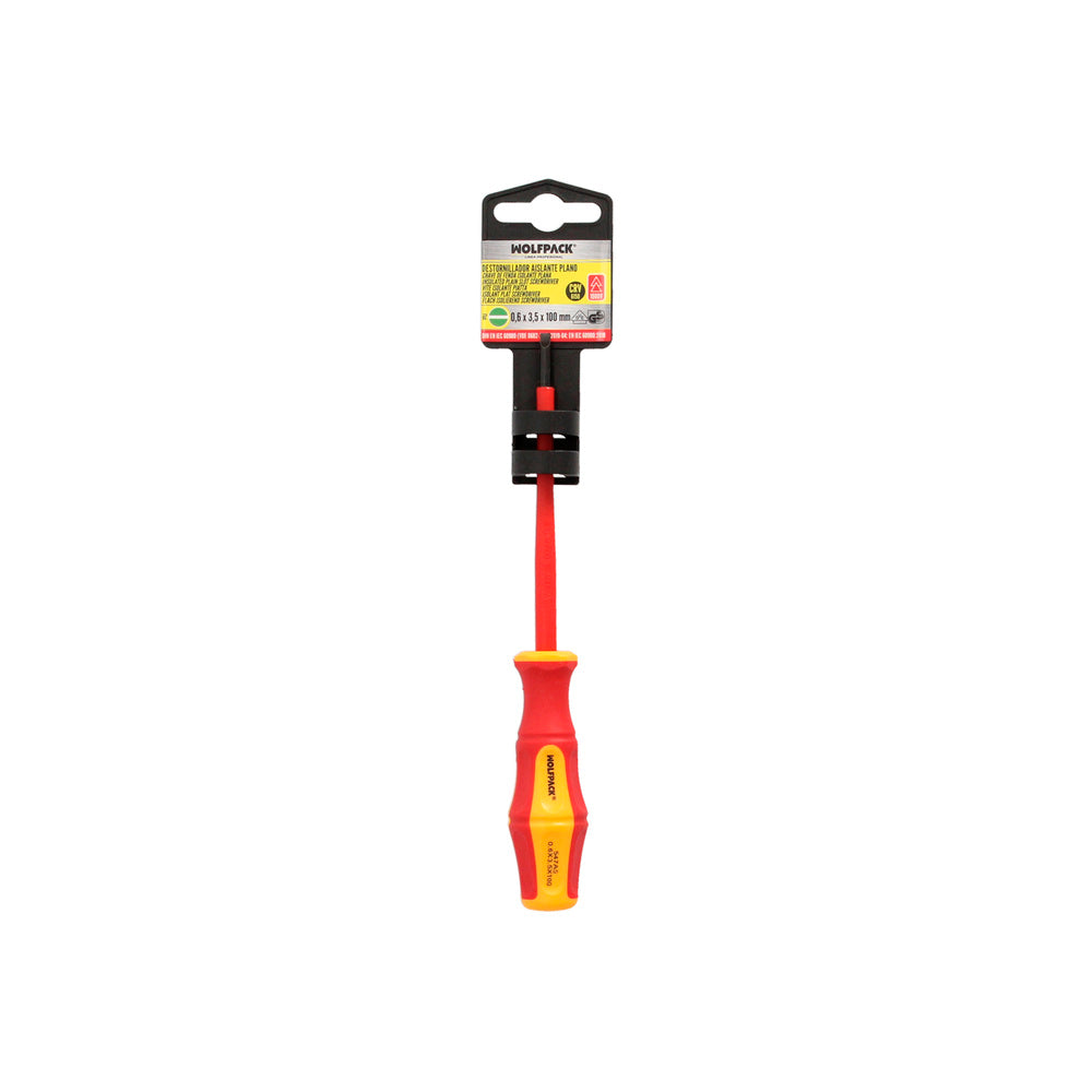 Destornillador Plano Aislado Certificado VDE 1.000 V. Medida 0,6x Ø 3,0 x 100 mm. Destornillador Seguridad Electricista