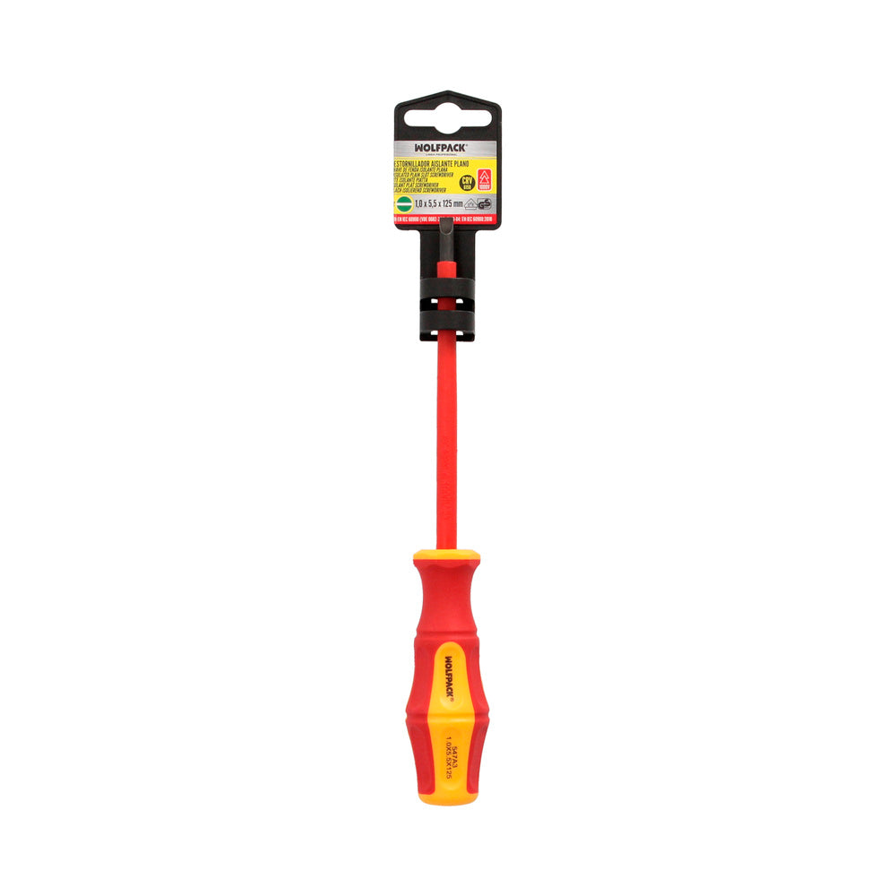 Destornillador Plano Aislado Certificado VDE 1.000 V. Medida 1,0 x Ø 5,5 x 125 mm. Destornillador Seguridad Electricista