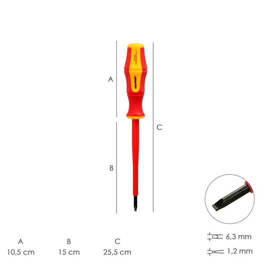 Destornillador Plano Aislado Certificado VDE 1.000 V. Medida 1,2 x Ø 6,5 x 150 mm. Destornillador Seguridad Electricista