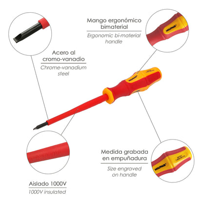 Destornillador Plano Aislado Certificado VDE 1.000 V. Medida 1,6x Ø 8,0 x 175 mm. Destornillador Seguridad Electricista