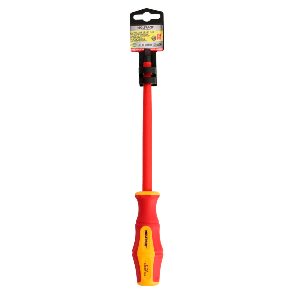 Destornillador Plano Aislado Certificado VDE 1.000 V. Medida 1,6x Ø 8,0 x 175 mm. Destornillador Seguridad Electricista