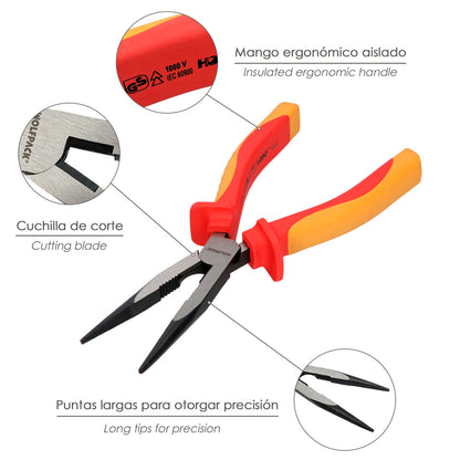 Alicates Boca Recta 200 mm. Mangos Aislados Acero Cromo Vanadio Pelacables, Corta Cables, Pelador Cables