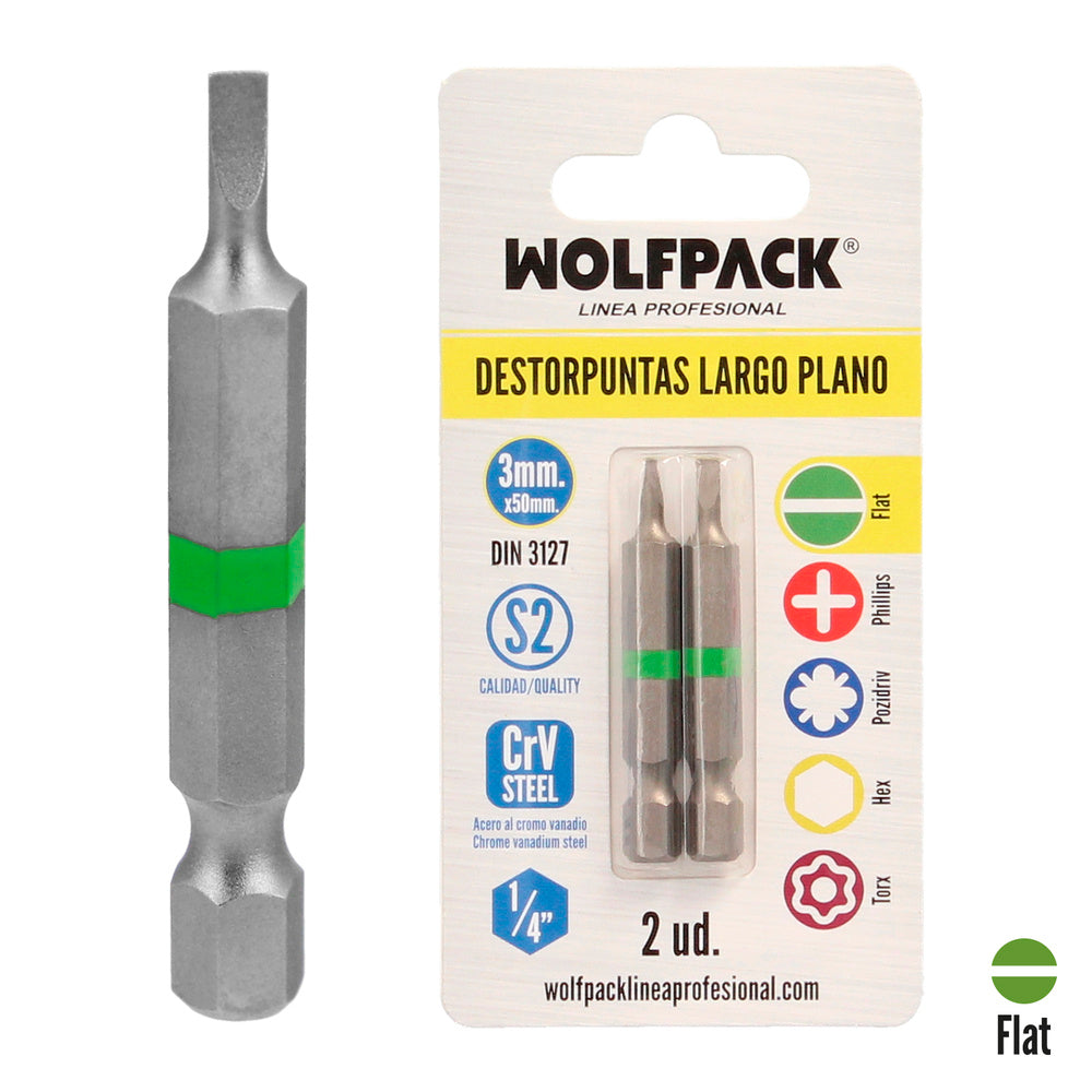 Puntas Destornillador Largo Plano 3 mm. (2 Piezas). Acero S2 al Cromo Vanadio. Puntas Hexagonales, Destorpuntas,