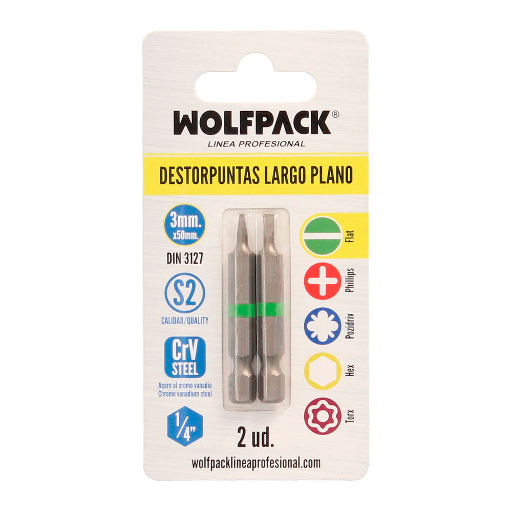 Puntas Destornillador Largo Plano 3 mm. (2 Piezas). Acero S2 al Cromo Vanadio. Puntas Hexagonales, Destorpuntas,