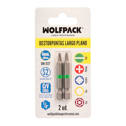 Puntas Destornillador Largo Plano 4 mm. (2 Piezas). Acero S2 al Cromo Vanadio. Puntas Hexagonales, Destorpuntas,