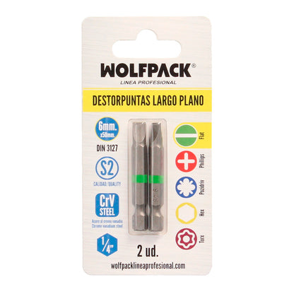 Puntas Destornillador Largo Plano 6 mm. (2 Piezas). Acero S2 al Cromo Vanadio. Puntas Hexagonales, Destorpuntas,