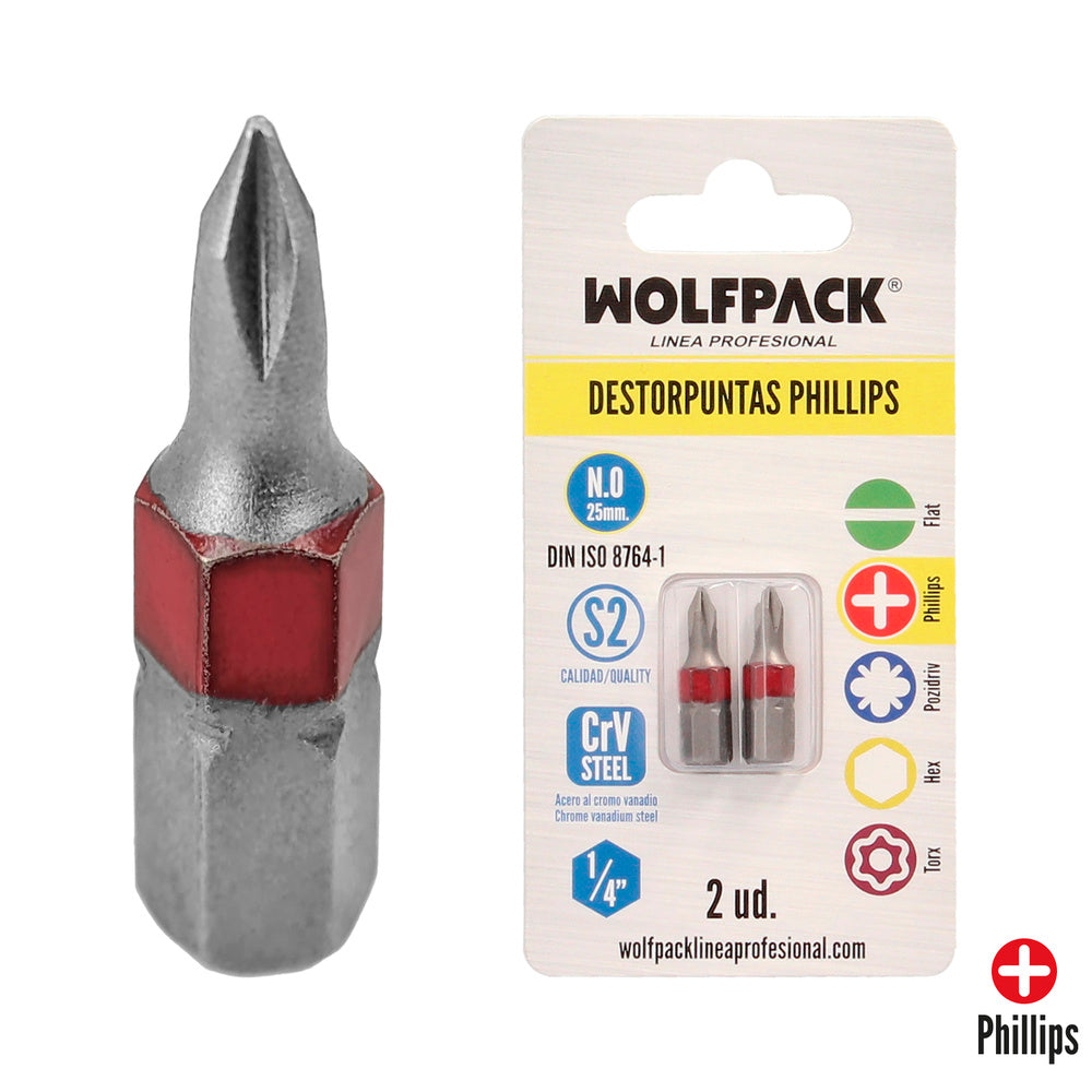 Puntas Largas Destornillador Phillips Nº 0 (2 Piezas). Acero S2 al Cromo Vanadio. Puntas Hexagonales, Destorpuntas,