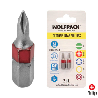 Puntas Largas Destornillador Phillips Nº 0 (2 Piezas). Acero S2 al Cromo Vanadio. Puntas Hexagonales, Destorpuntas,