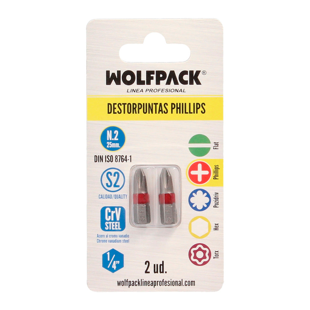 Puntas Largas Destornillador Phillips Nº 2 (2 Piezas). Acero S2 al Cromo Vanadio. Puntas Hexagonales, Destorpuntas,
