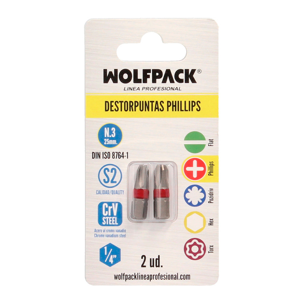 Puntas Destornillador Phillips Nº 3 (2 Piezas). Acero S2 al Cromo Vanadio. Puntas Hexagonales, Destorpuntas,