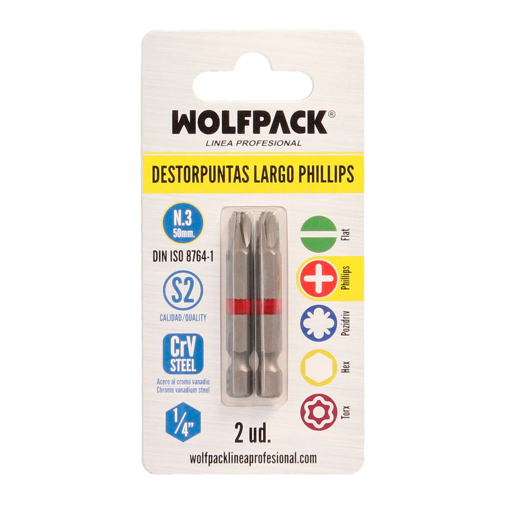 Puntas Largas Destornillador Phillips Nº 3 (2 Piezas). Acero S2 al Cromo Vanadio. Puntas Hexagonales, Destorpuntas,