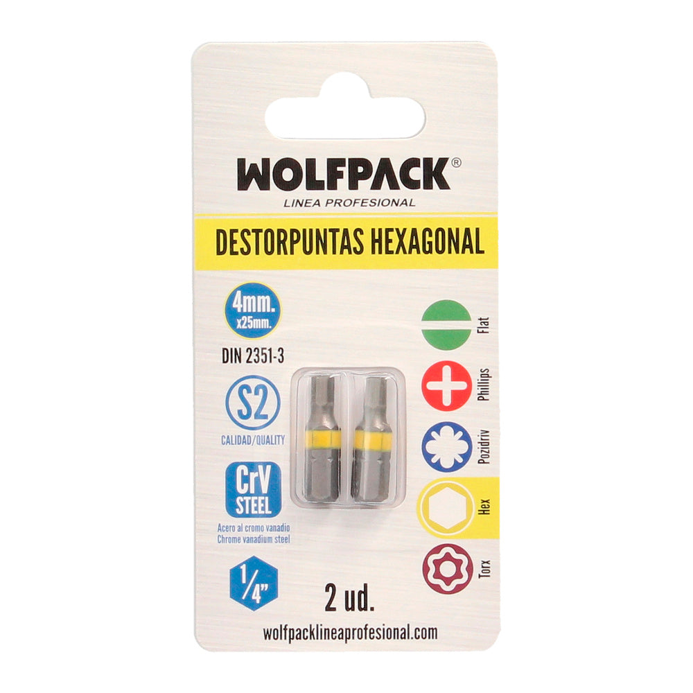 Puntas Destornillador Hexagonal 4,0 mm. (2 Piezas). Acero S2 al Cromo Vanadio. Puntas Hexagonales, Destorpuntas,