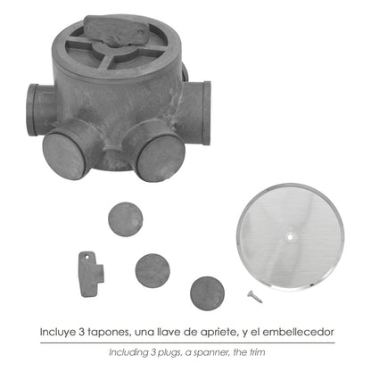 Bote Sifónico PVC Tuberias Ø 110 mm. Salidas Ø 50 y 40 mm. Altura 105 mm.