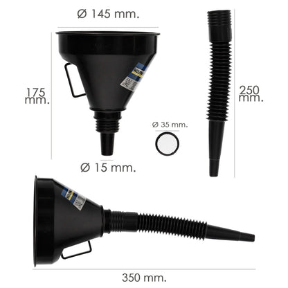 Embudo Boca Ancha Ø 145 mm.Con Prolongador Flexible y Filtro Metalico. Embudo gasoil, embudo gasolina, embudo combustible
