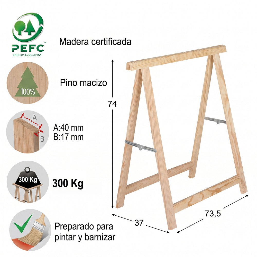 Caballete Madera de Pino Macizo 74x74cm Alto