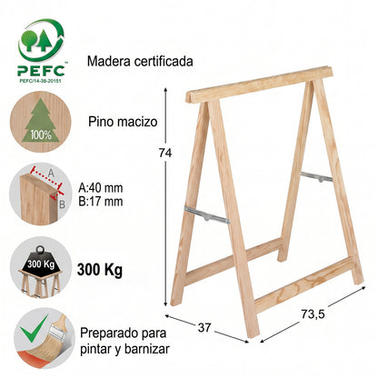 Caballete Madera de Pino Macizo 74x74cm Alto