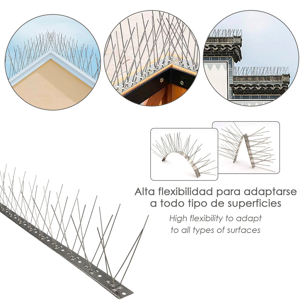 Pincho Anti Palomas / Pajaros 1 Metro Inoxidable Pincho Doble 60 Pinchos. Adaptable a Varias Posiciones