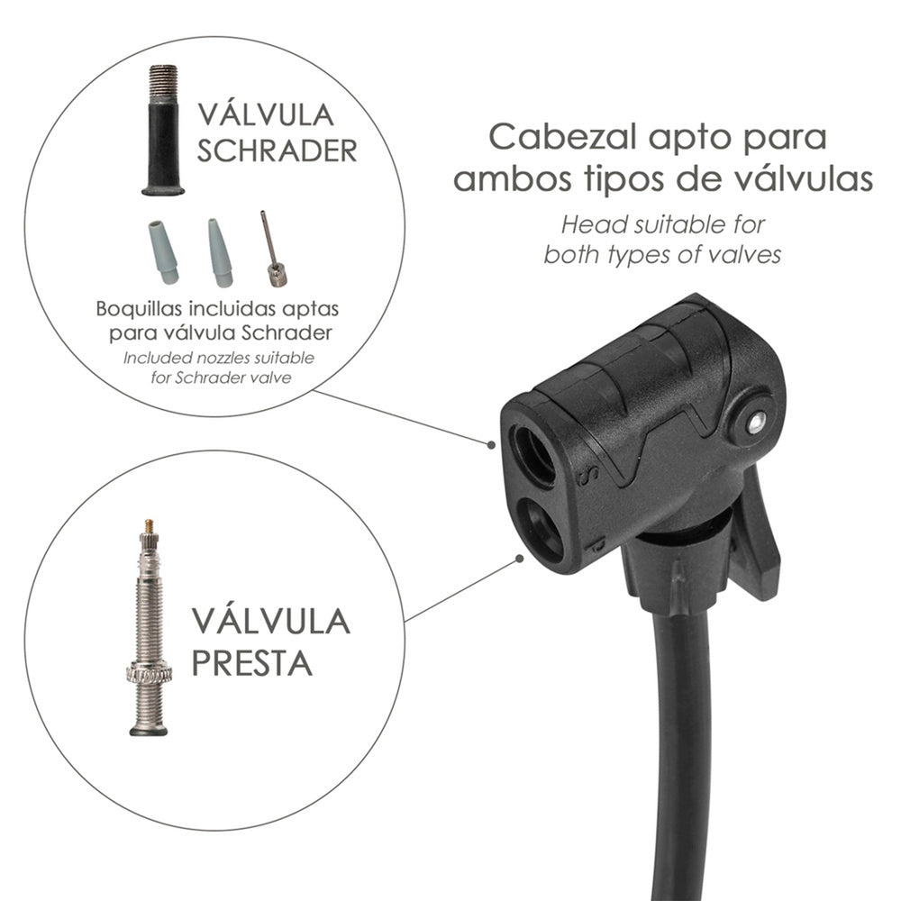 Bomba Aire Con Manometro 8 Bares Cuerpo y Pies Acero, Valvulas SCHRADER y PRESTA con Adaptadores. Bomba Bicicletas, Bomba coches