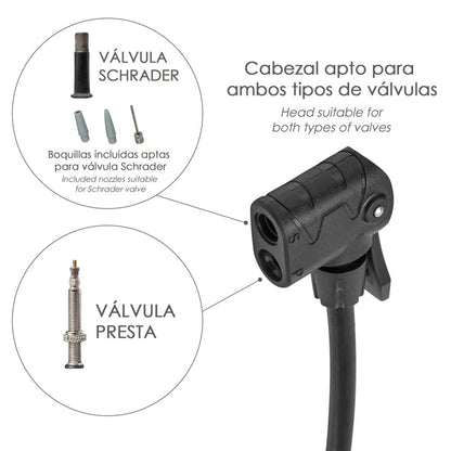 Bomba Aire Con Manometro 8 Bares Cuerpo y Pies Acero, Valvulas SCHRADER y PRESTA con Adaptadores. Bomba Bicicletas, Bomba coches