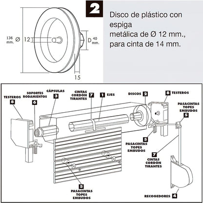 Disco Persiana Plastico Espiga Metalica 136x40 mm. Cinta 14 mm.