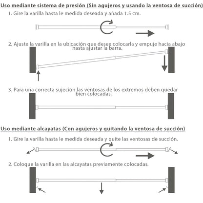 Barra Visillo Extensible 60/105 cm. con Muelle Presion, Soportes y Ventosas (2 Piezas)