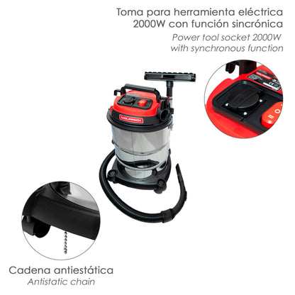 Aspirador Inoxidable 30 Litros / 1400 Watt. Interruptor Sincronizado.