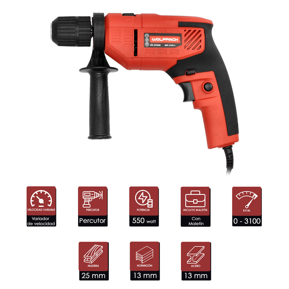 Taladro Percutor 550 Watt 13 mm. Con Variador de Velocidad. Incluye Empuñadura y Guia Metalica.