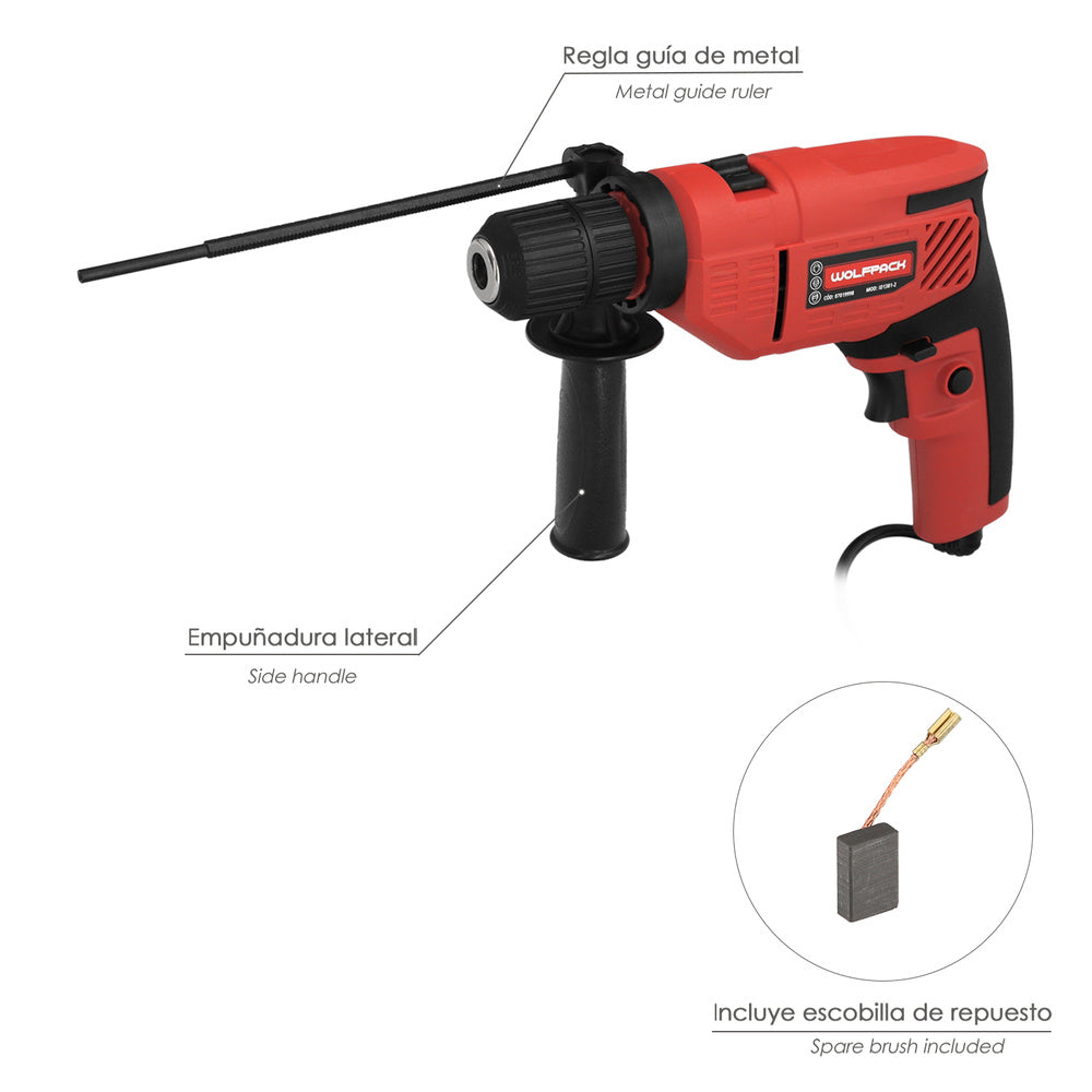 Taladro Percutor 550 Watt 13 mm. Con Variador de Velocidad. Incluye Empuñadura y Guia Metalica.