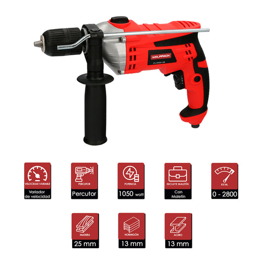 Taladro Percutor Con Variador de Velocidad 1050 Watt. Incluye Maletín, Empuñadura y Guia Metalica.